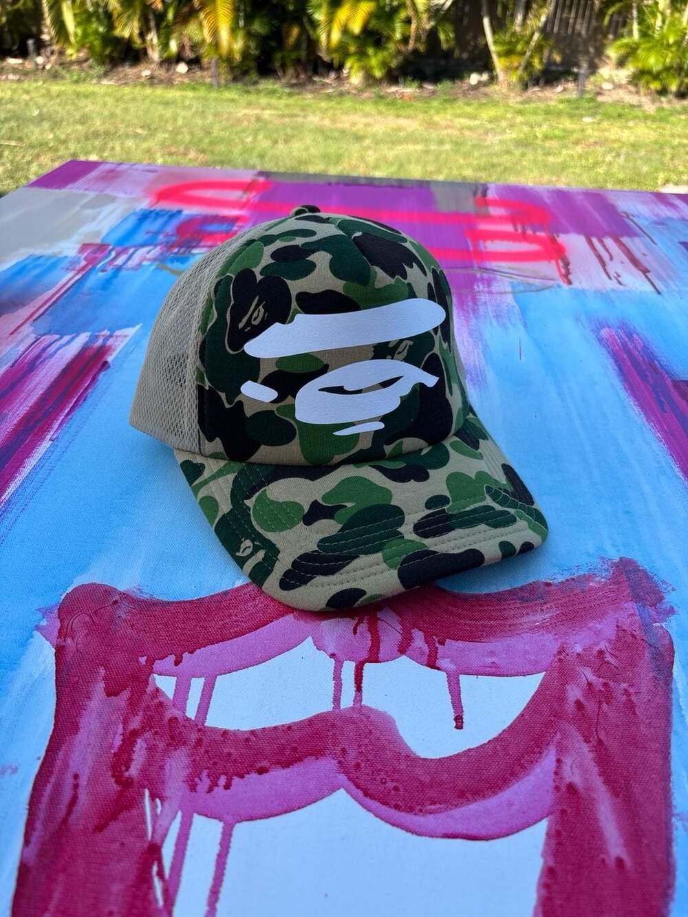 A Bathing Ape ABC Camo Ape Head Trucker Hat Green/Tan One Size vintage 1993 y2k